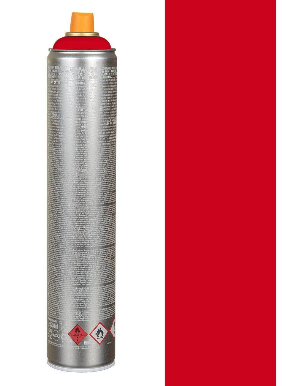 Spray paint can with orange nozzle, silver back with warning labels