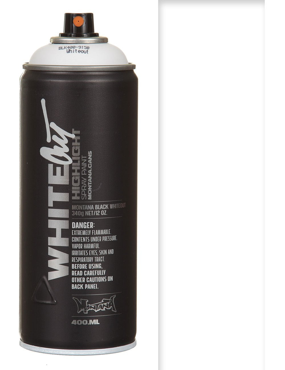 Whiteout highlight spray paint can, black label with text and 400 mL capacity