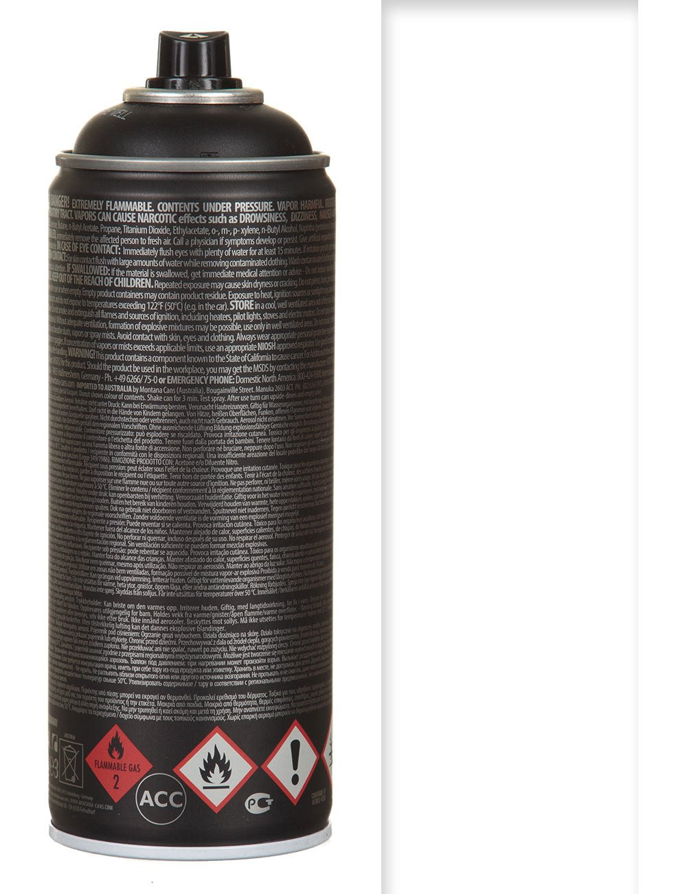 Spray paint can back label with safety icons and 400 mL volume marking