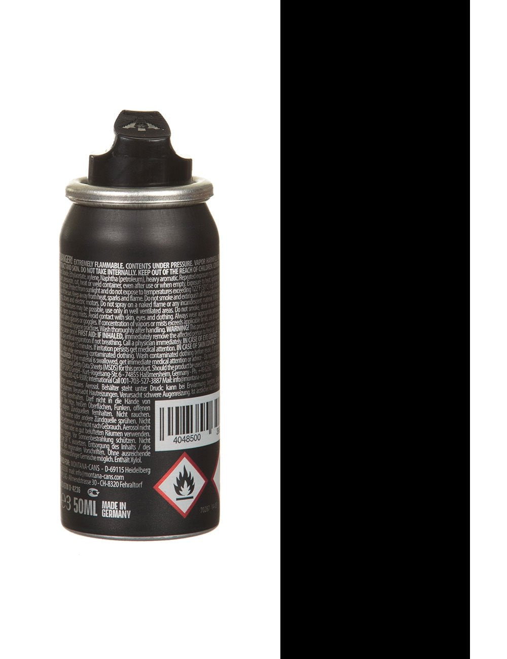 Black spray paint can back label, 50 ml