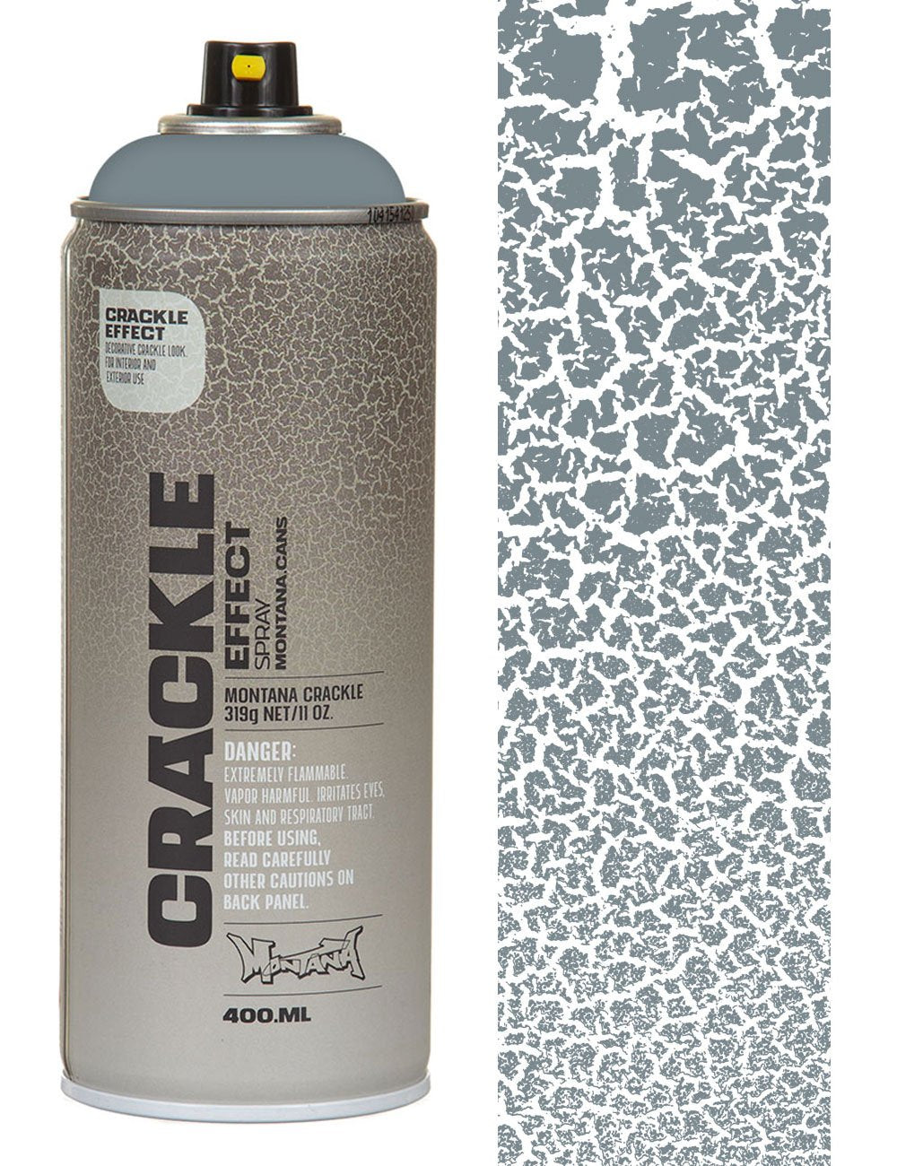 Gray crackle effect spray paint can, 400 ml, with white cracked finish sample