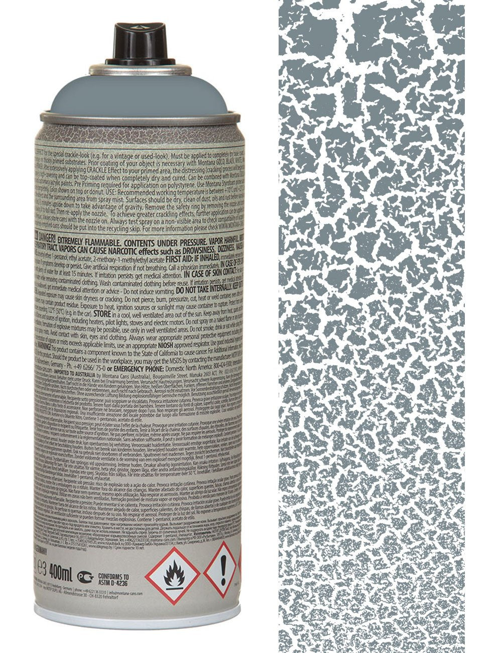 Back view of gray crackle effect spray paint can, 400 ml, with cracked finish sample
