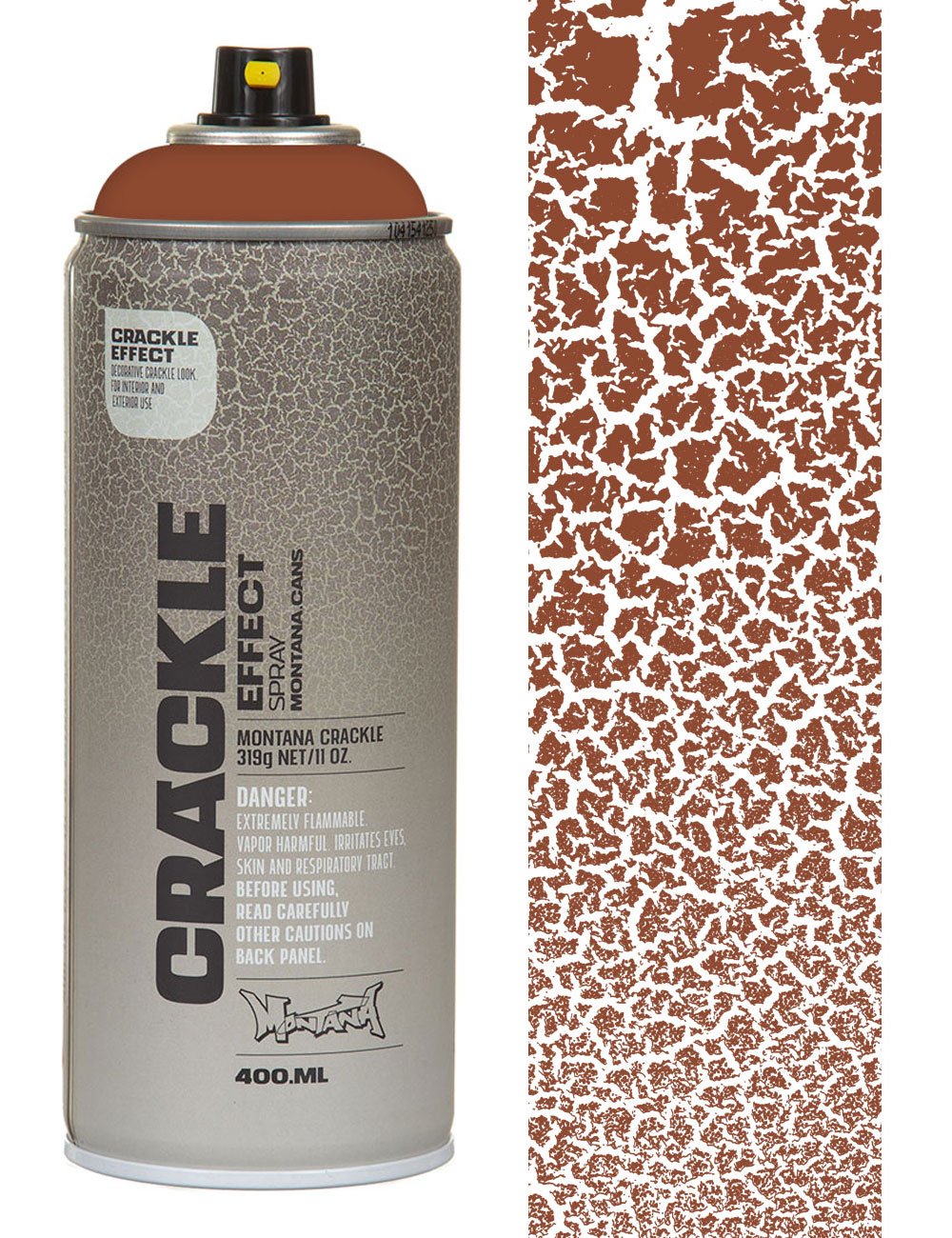 Crackle effect spray paint can in copper brown, with crackle pattern finish sample