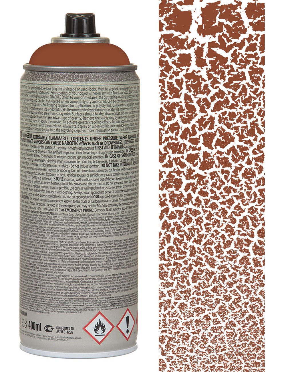 Crackle effect spray paint can back label, copper-brown crackle finish sample