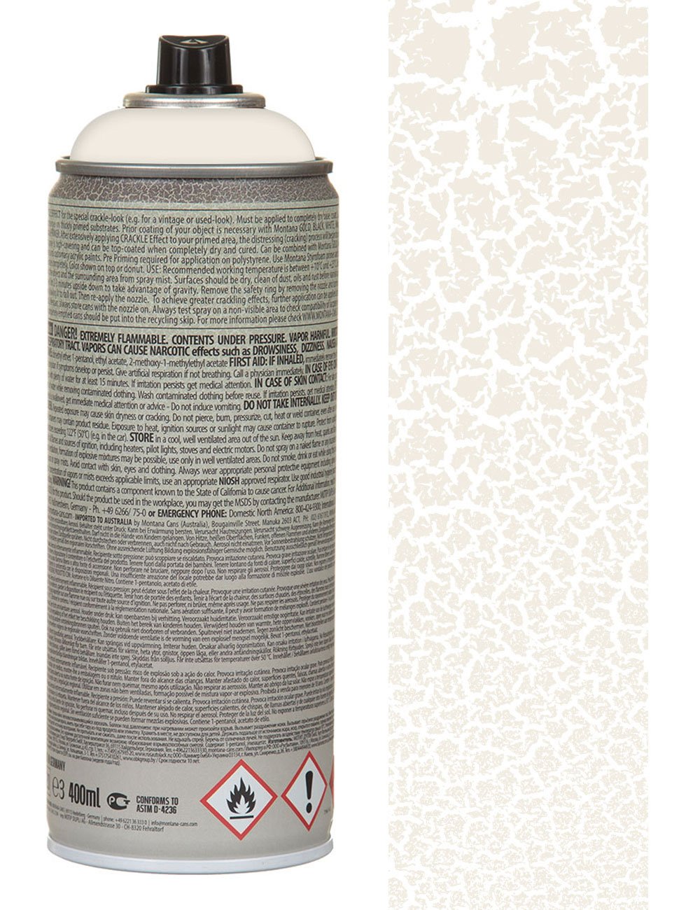 Crackle effect spray paint can, back label with safety warnings and barcode visible.