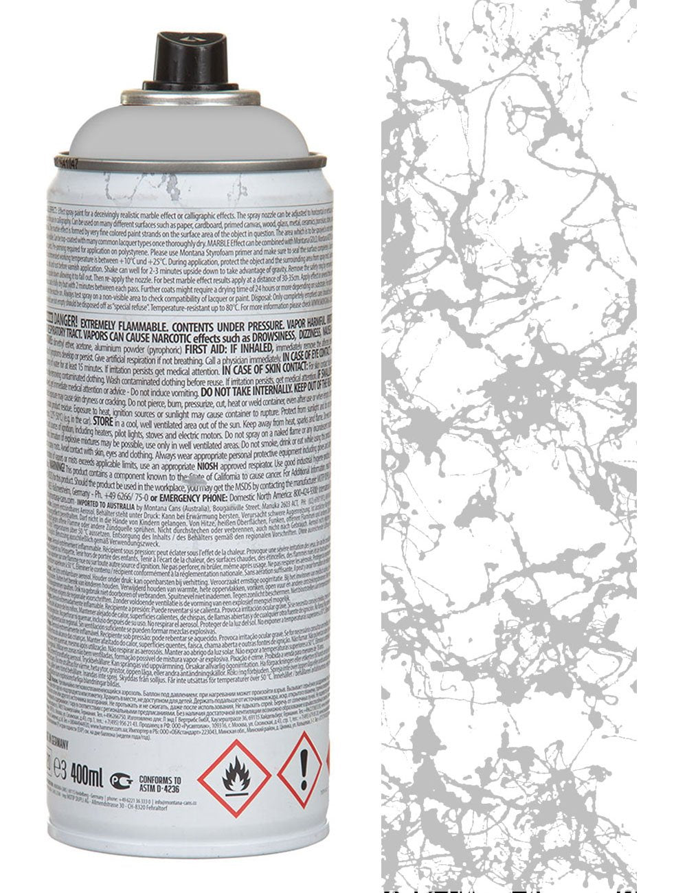 Silver marble effect spray paint can, 400 ml, back label text with warning icons