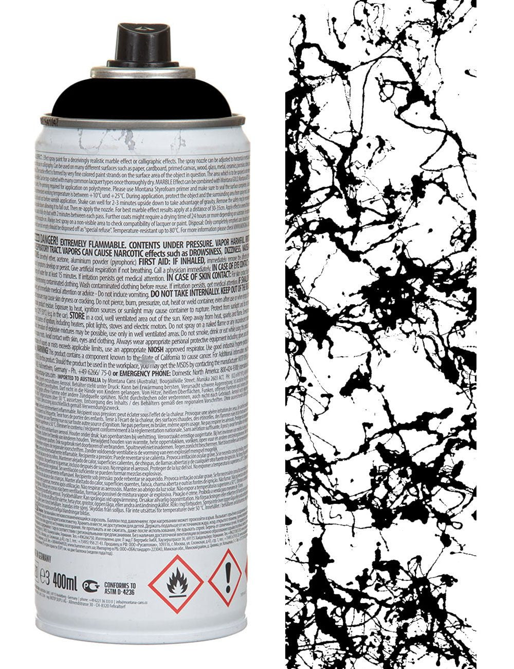 Marble effect spray paint can, black; 400 ml; back label text and nozzle cap visible.