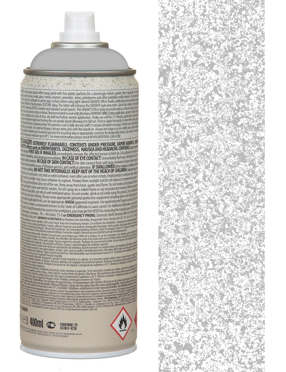 Granite effect spray paint can, grey, 400 ml, back label and warnings