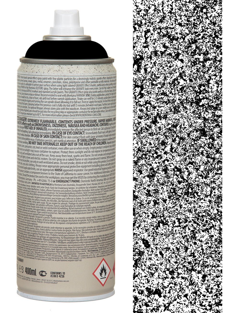 Granite effect spray paint can with white back label and warning icons, 400 ml