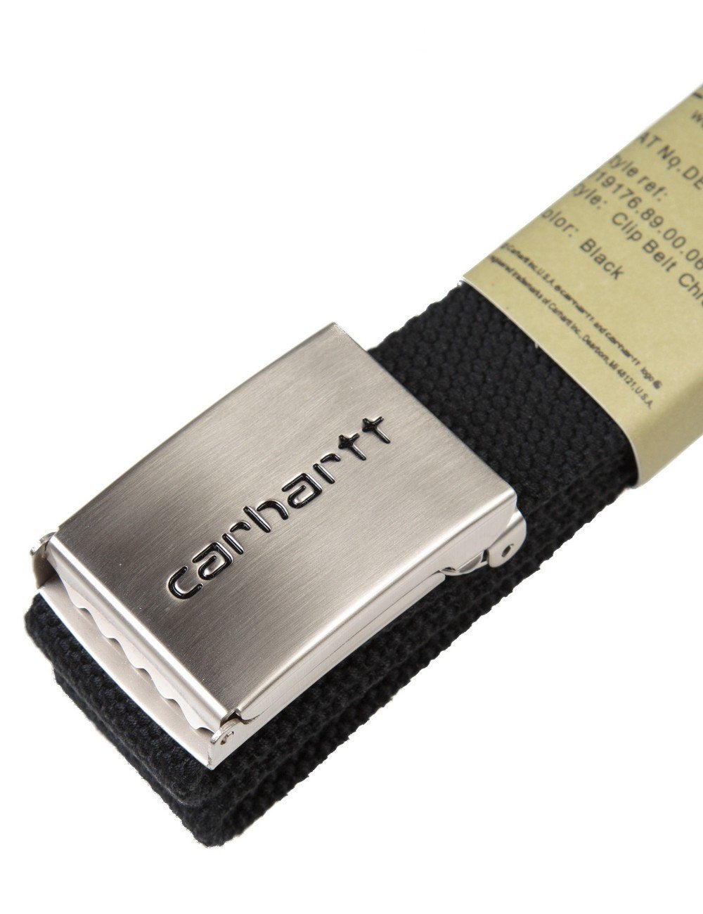 Black woven belt with chrome clip buckle and carhartt logo plate.