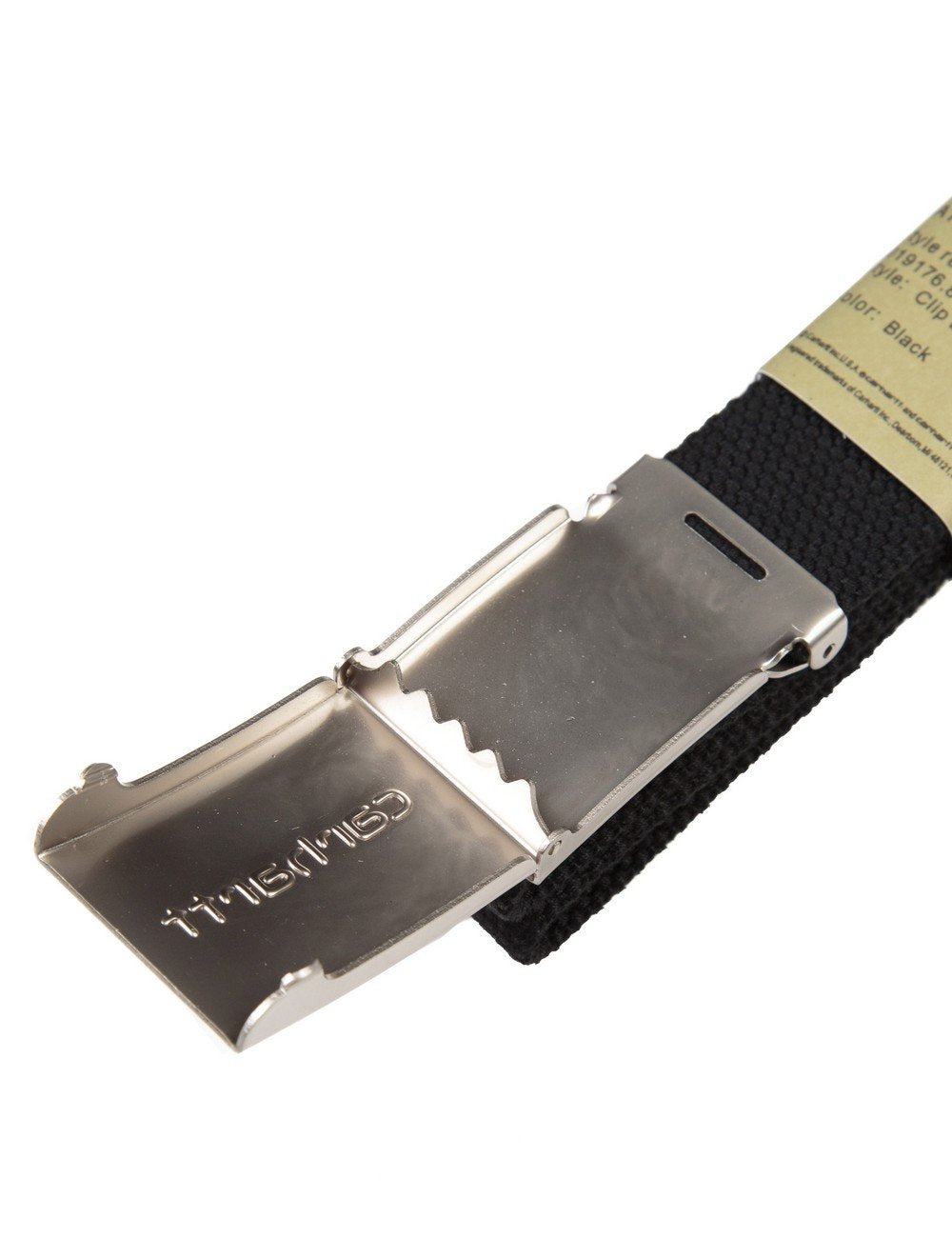 Black clip belt with brushed chrome buckle clasp and webbing loop.