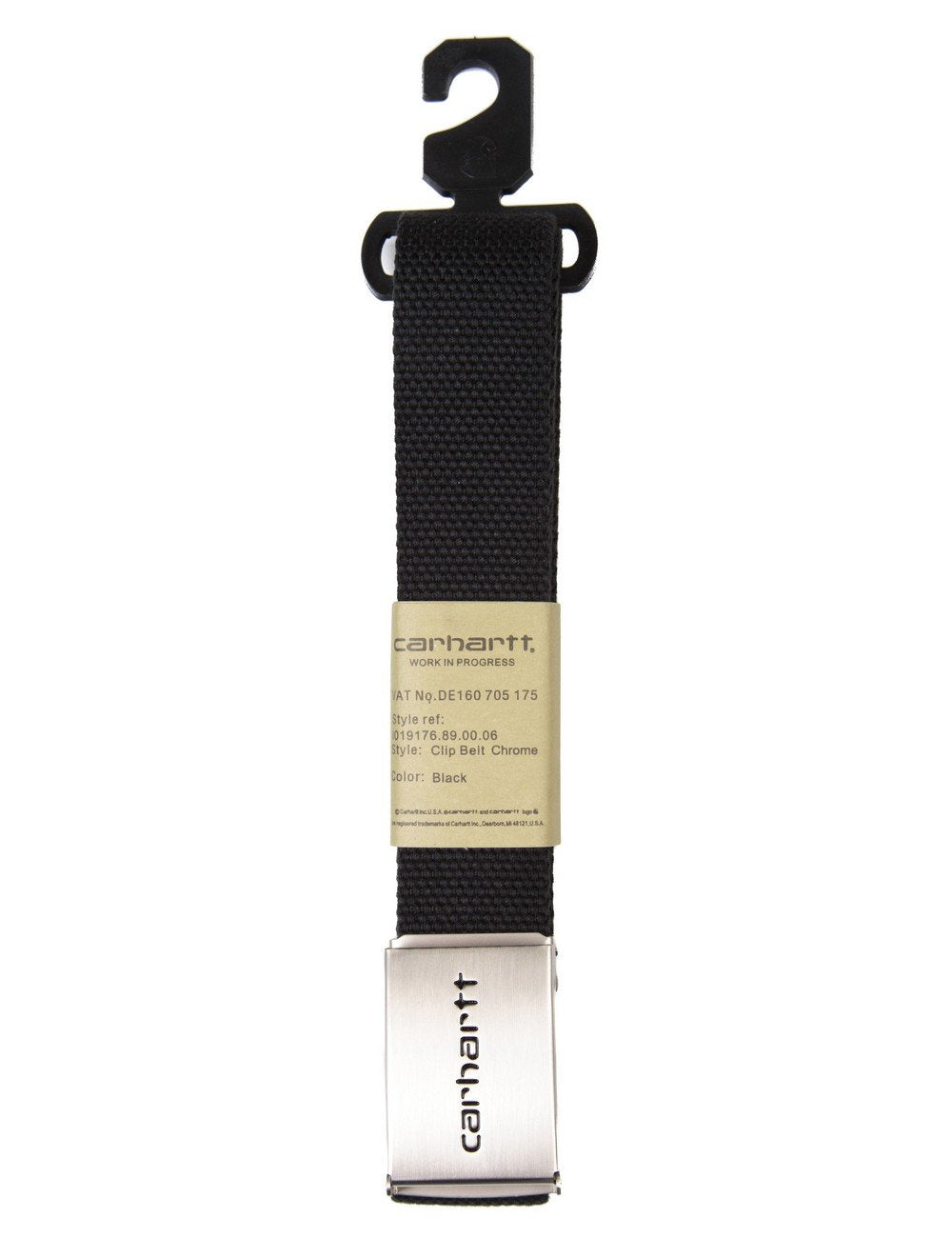 Black clip belt with chrome buckle on hanging strap, carhartt label.