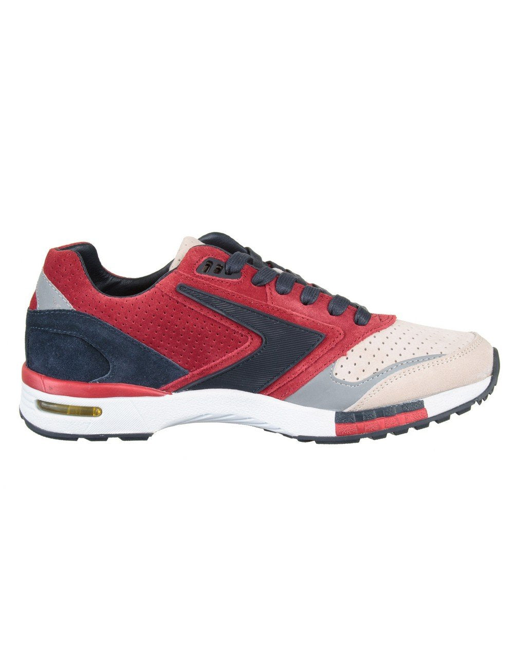 Ubiq Fusion trainers side profile in red, navy and cream with suede-style panels