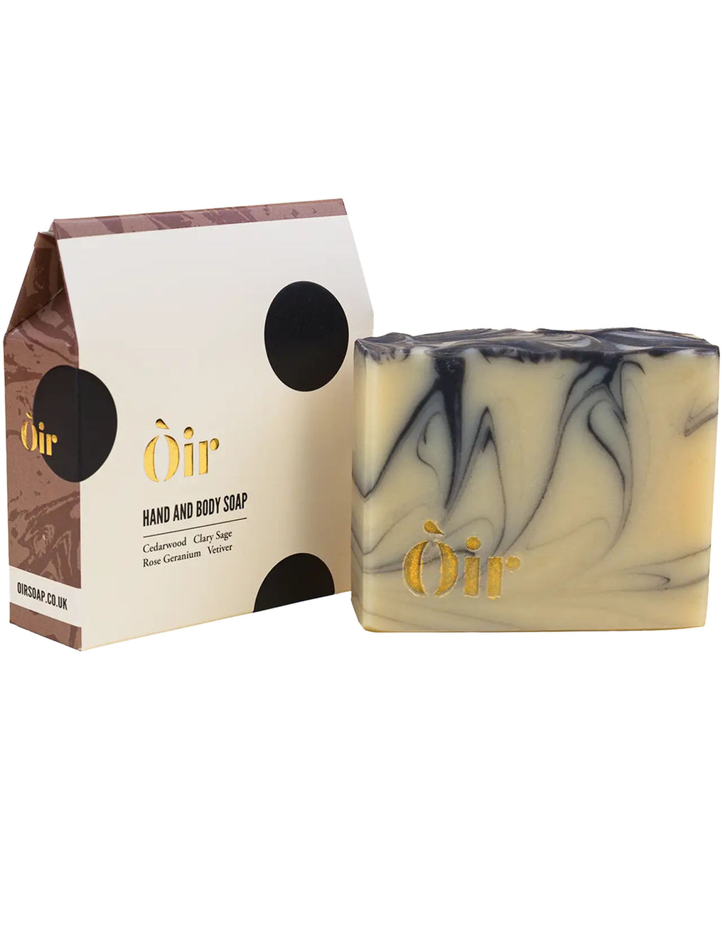 Hand and body soap gift box and cream marbled soap bar with gold Oir logo