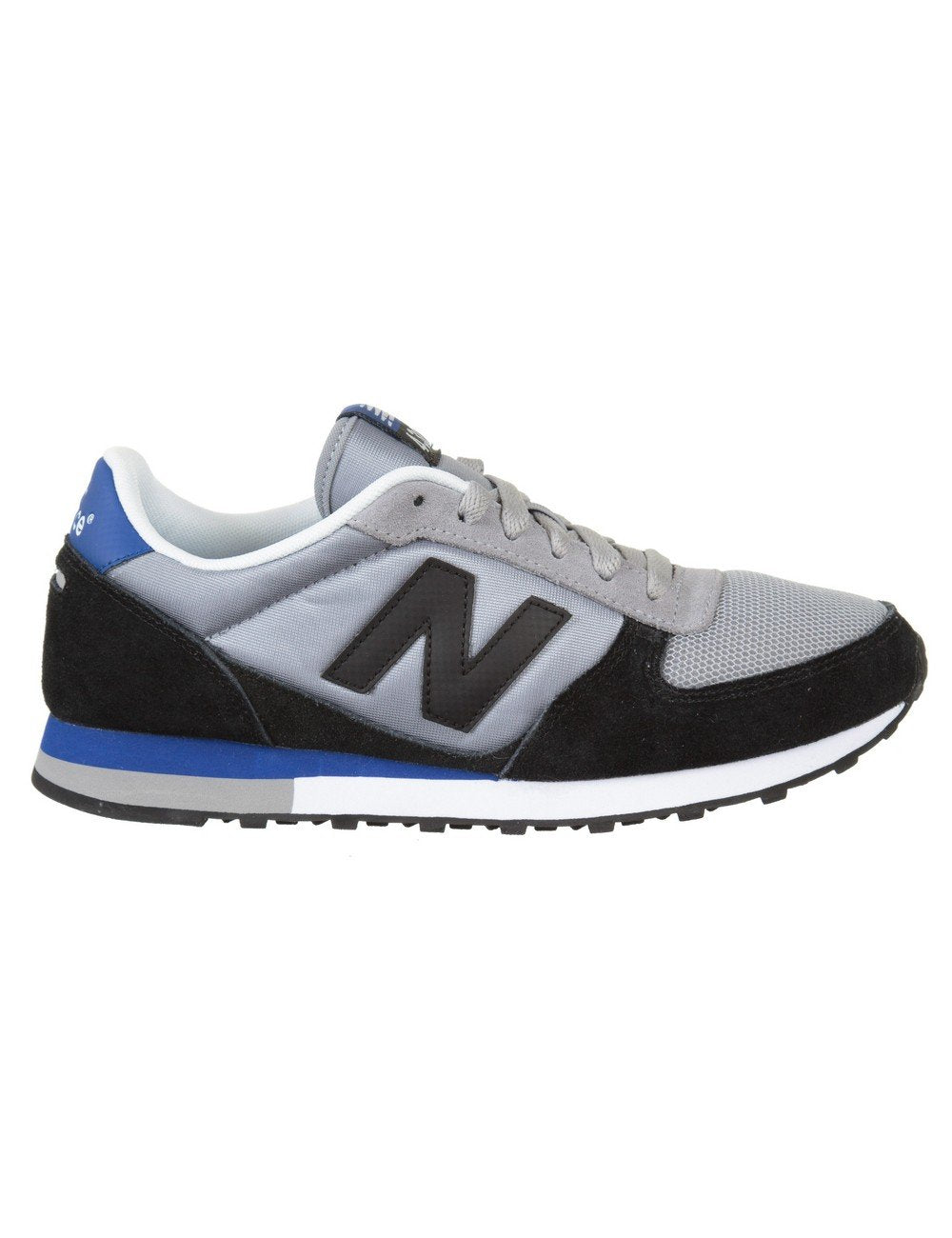 Trainers in grey and black with blue heel collar, lace-up design and N logo