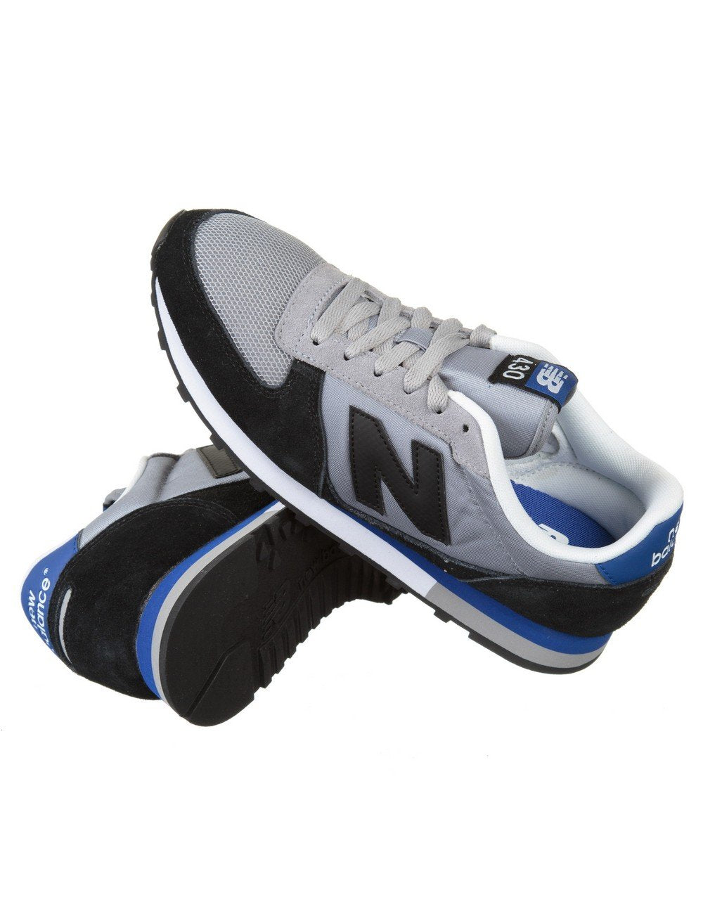 Trainers with grey mesh, black side panels, blue stripe midsole and N logo