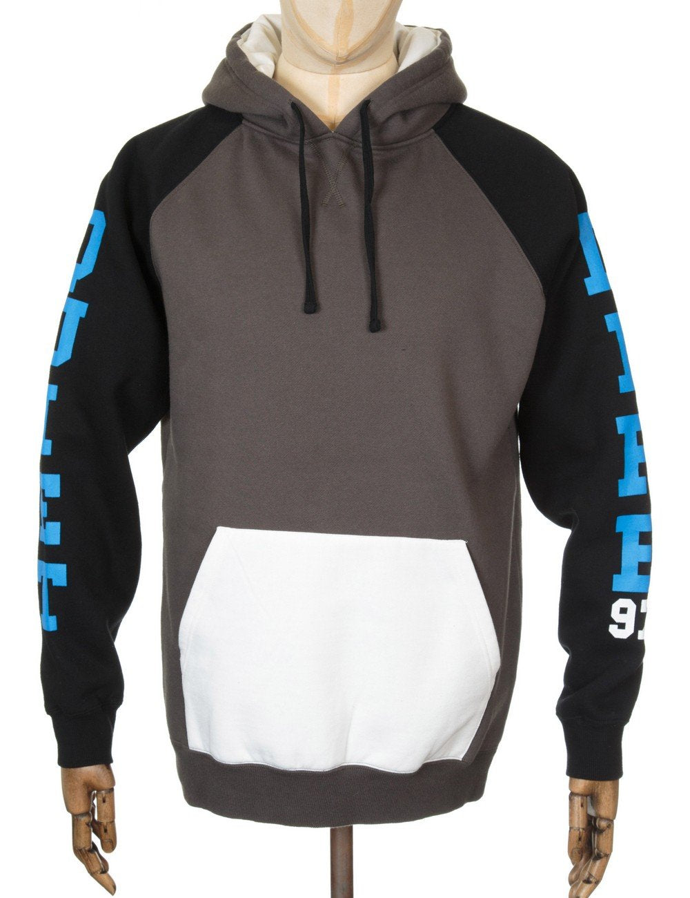 Colorblock hooded sweatshirt with charcoal body, black sleeves, blue graphic, white front pocket