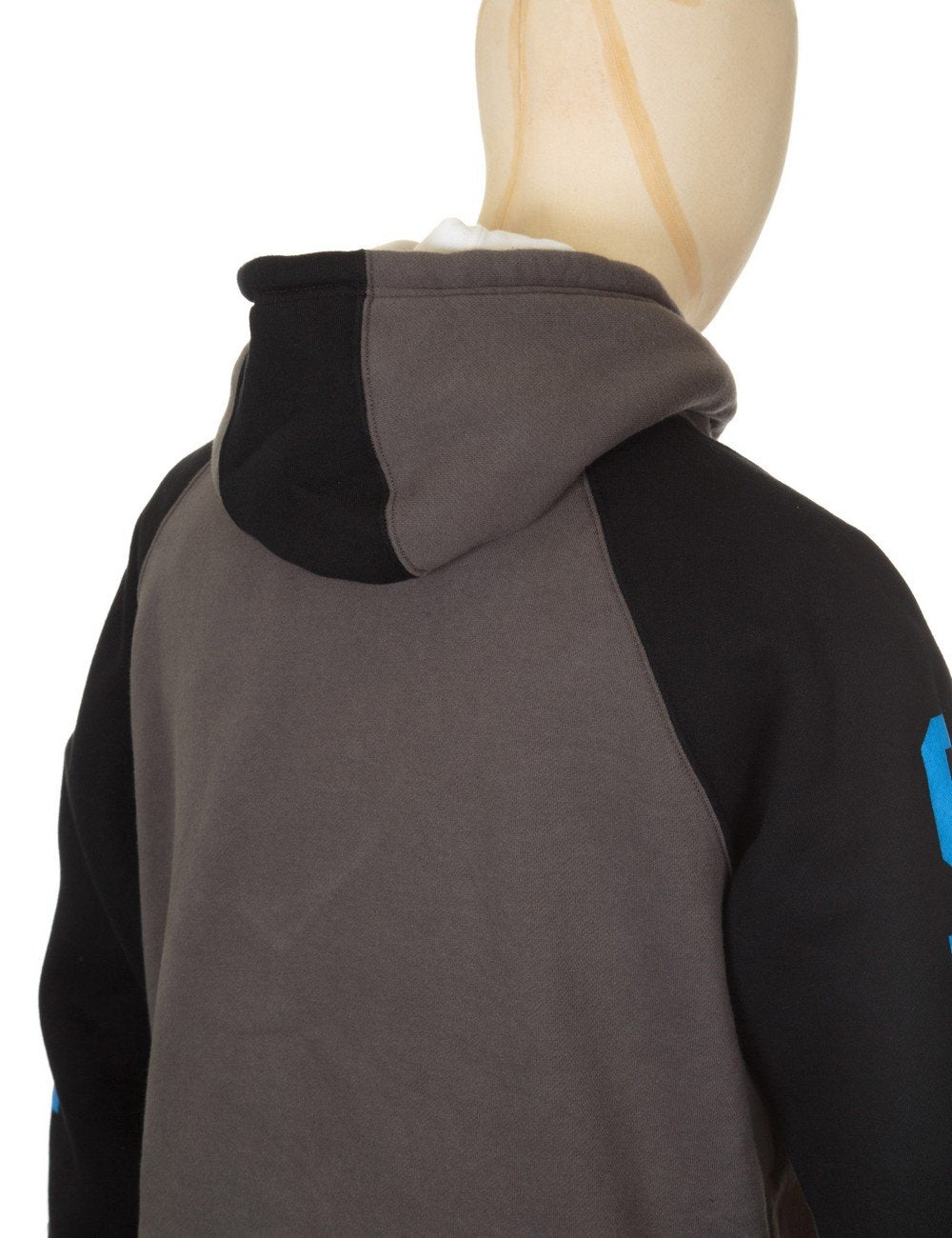Back of colorblock hooded sweatshirt with charcoal body and black hood