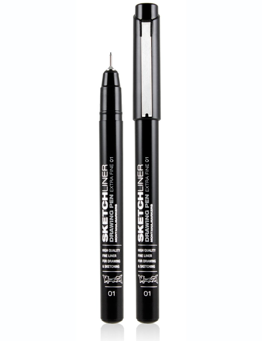 Black extra-fine sketchliner pen, metal clip, capped and uncapped pens
