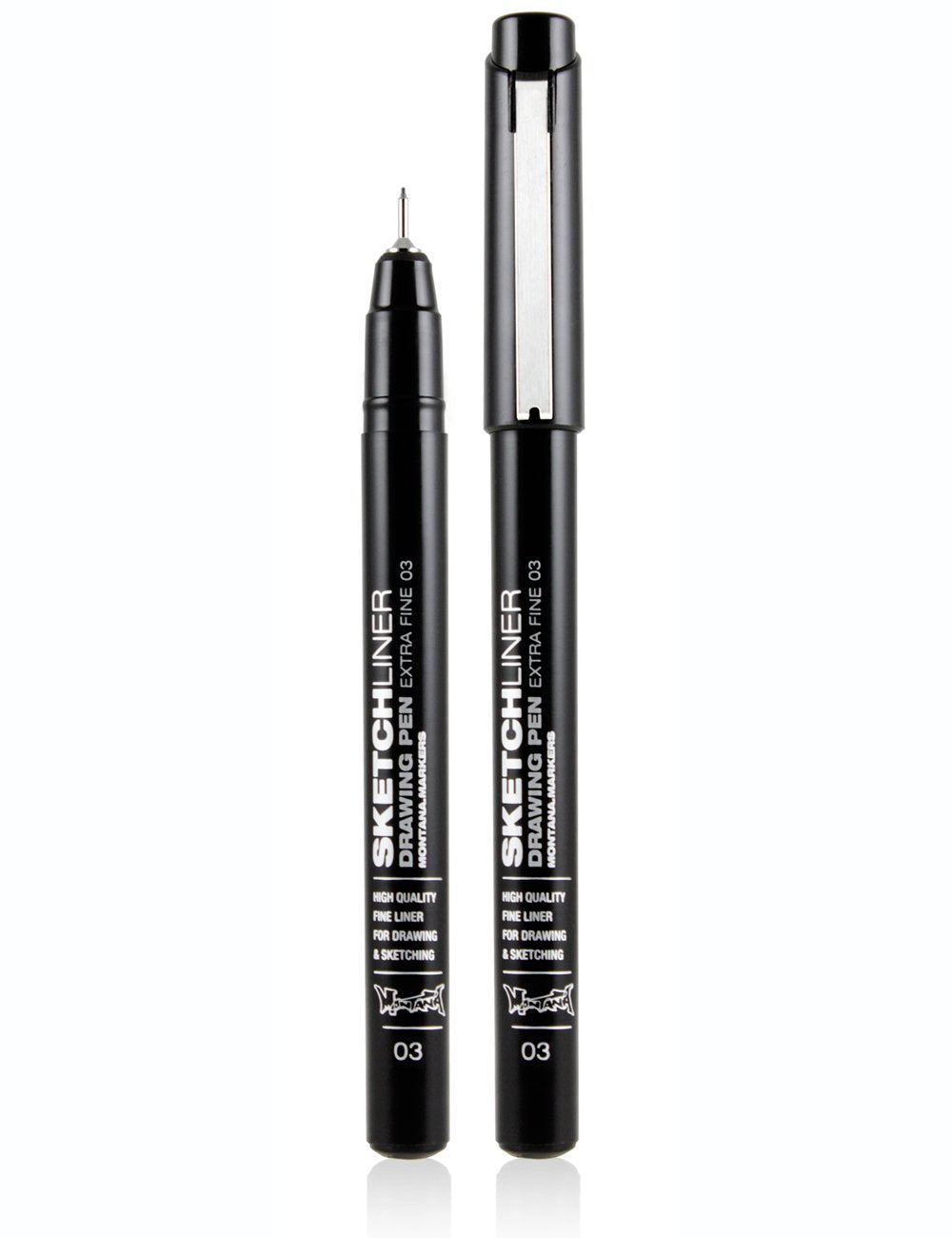 Black fine liner pen with retractable tip, 0.3 mm (03).