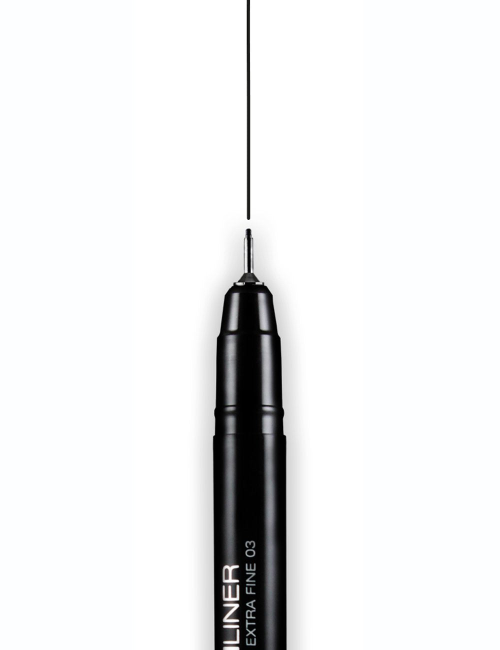 Black extra fine liner pen with pointed 0.3 mm (03) tip.