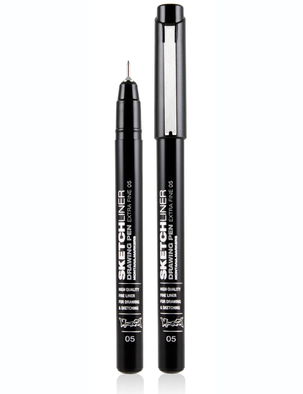 Black sketch fine liner pen with 0.5mm tip, shown with capped and uncapped.