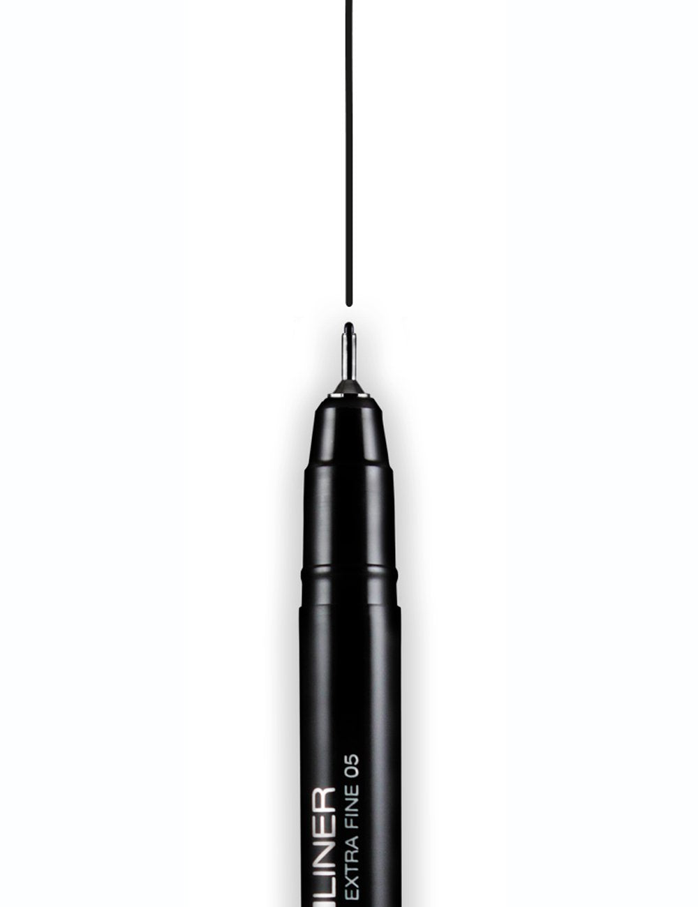 Black fine liner pen with 0.5mm tip, uncapped and angled upward.