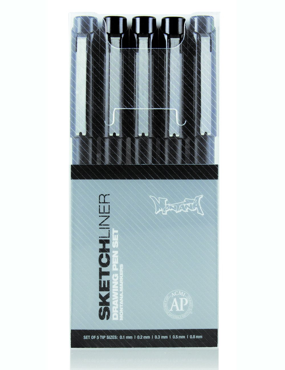 Black marker pen set with five fineliner pens, black tips and caps