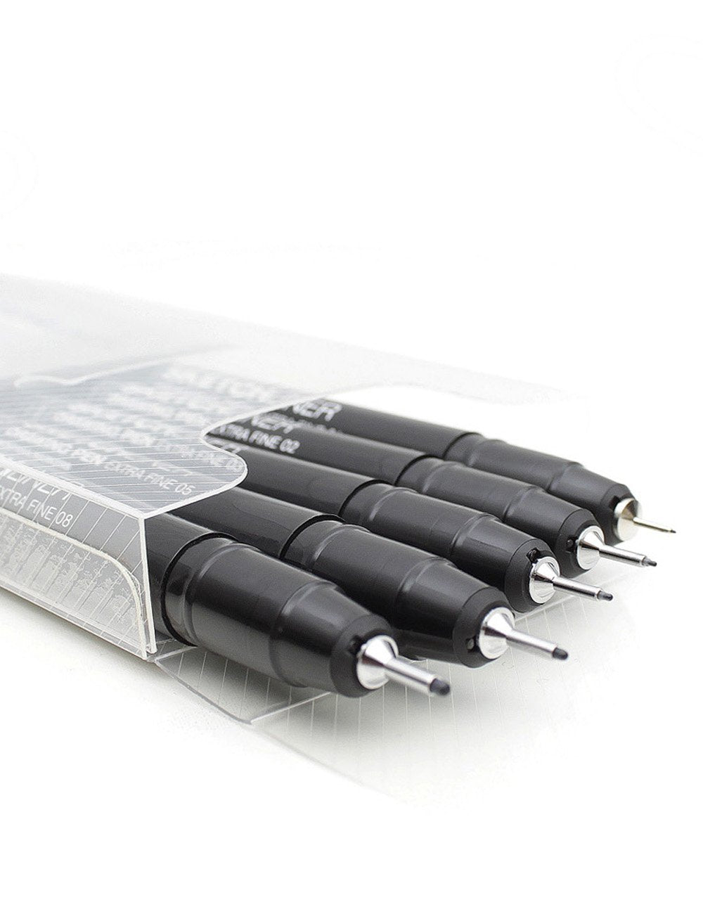 Black fineliner pens set, five pens with metal tips on clear tray
