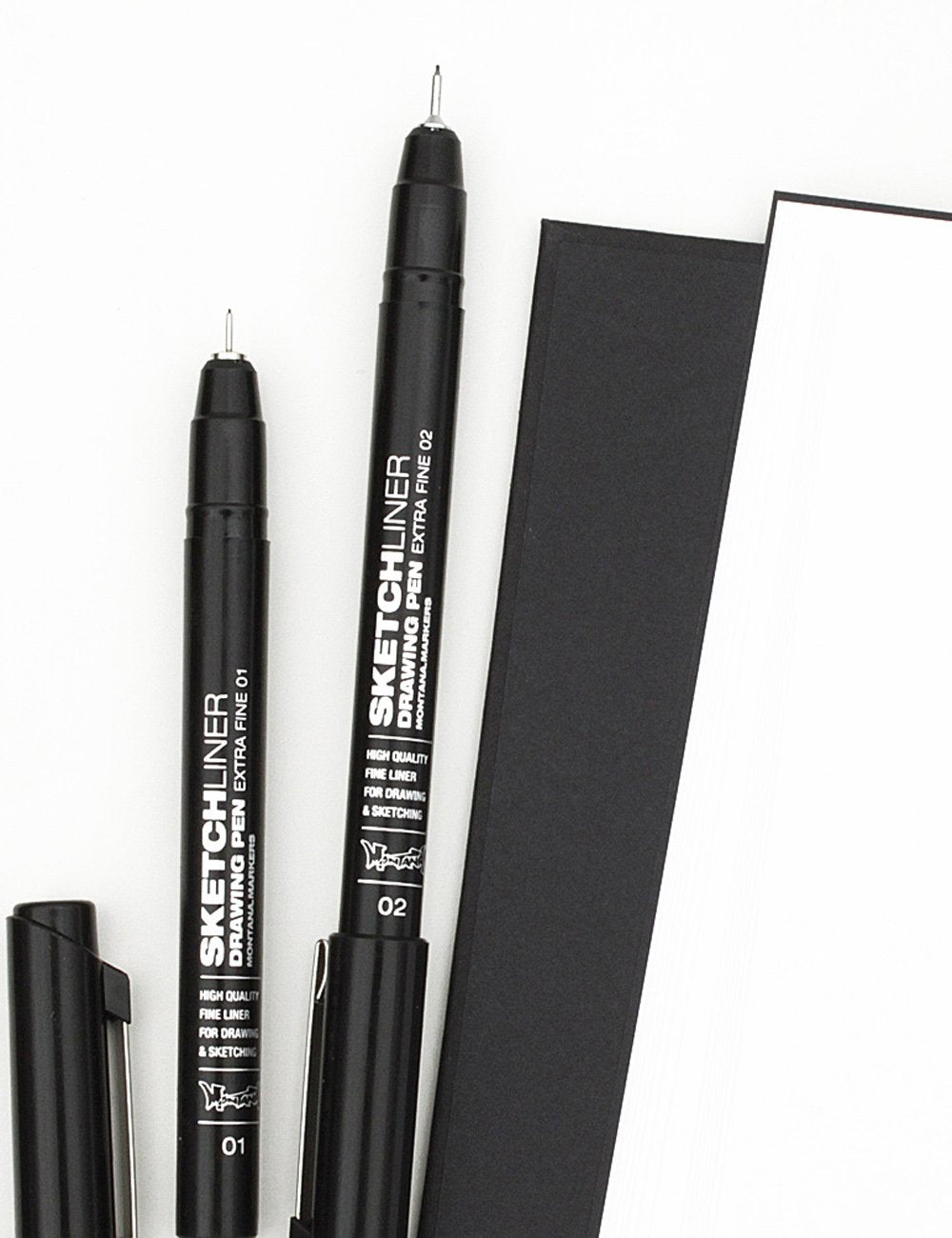 Black Sketchliner fineliner pens, two markers with tip sizes 01 and 02