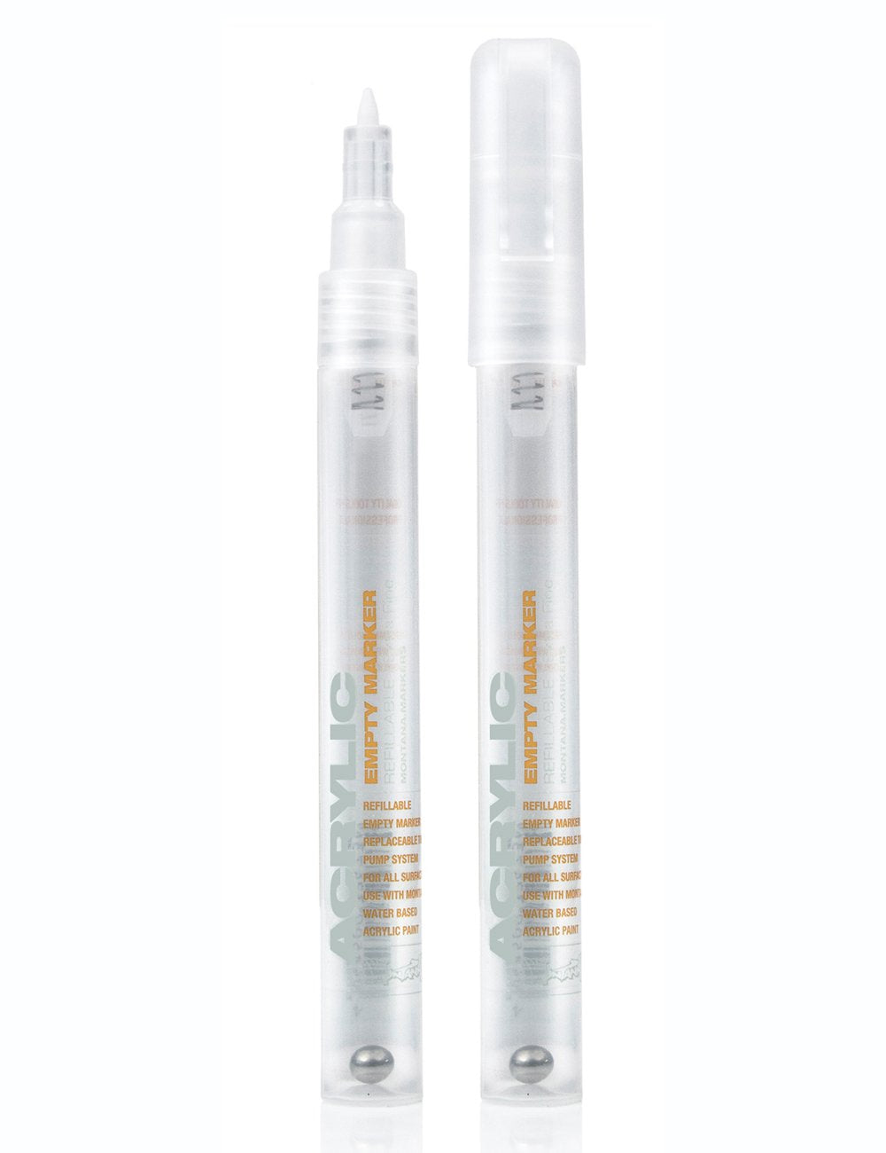 Acrylic empty marker pen with 0.7mm tip, clear barrel, cap on.