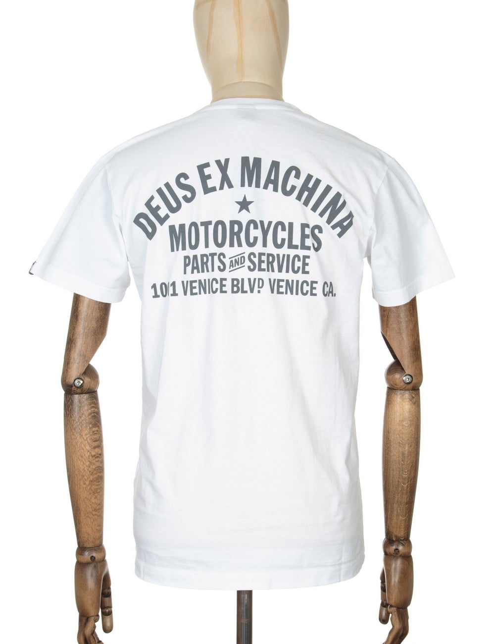 White t-shirt with large back print and Venice address