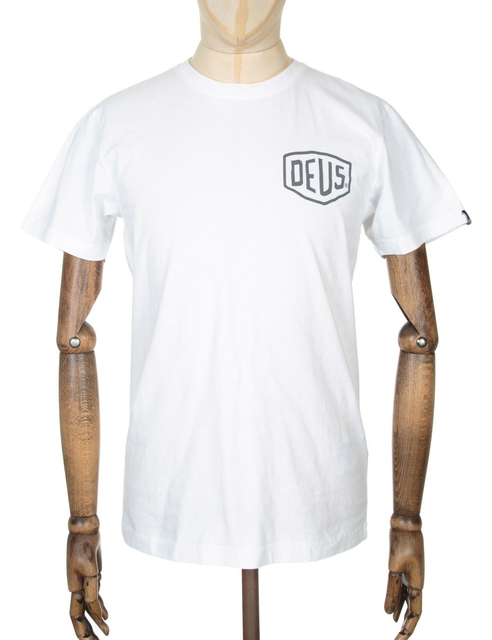 White t-shirt with small Deus logo on front