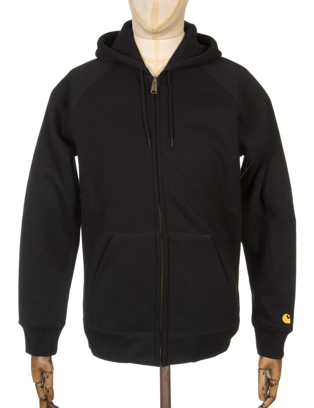 Black zip-front hooded jacket with drawstring cords and gold sleeve logo patch