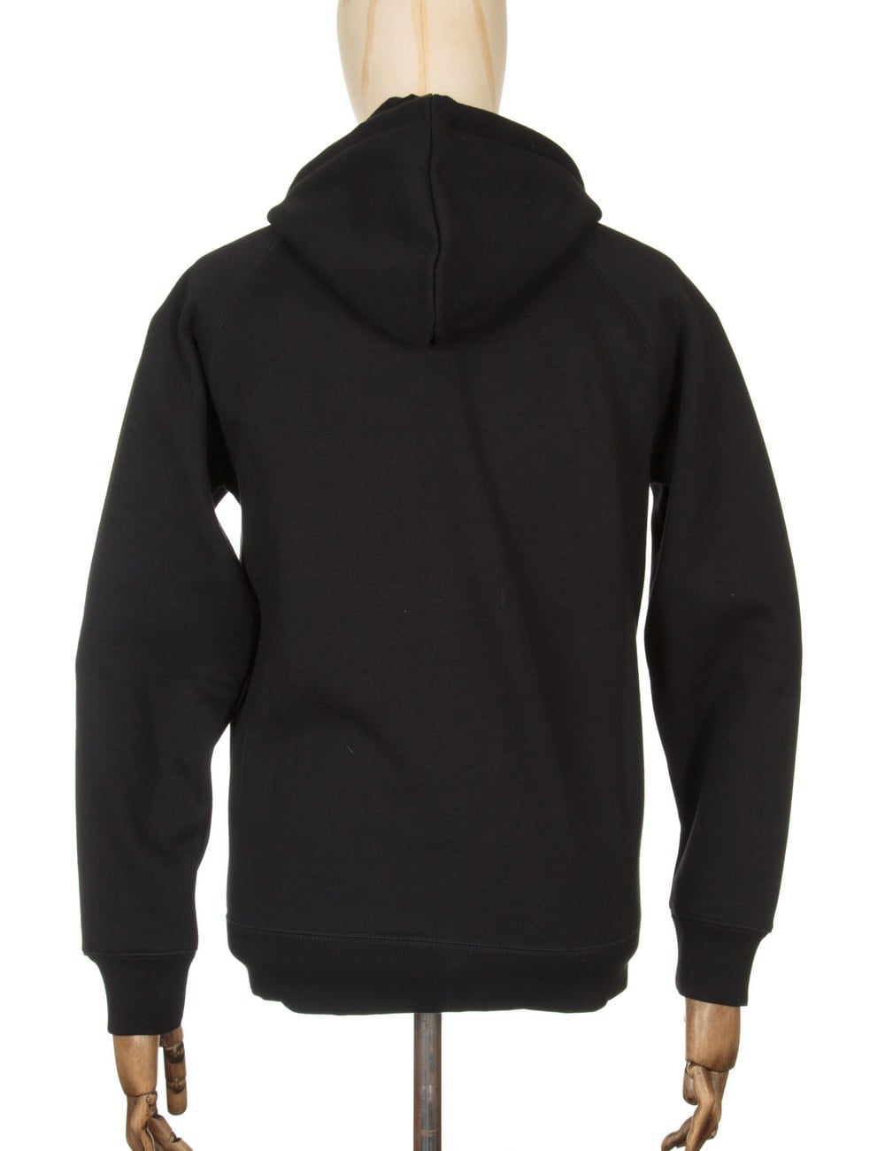 Black hooded jacket with drawstring hood and ribbed hem and cuffs