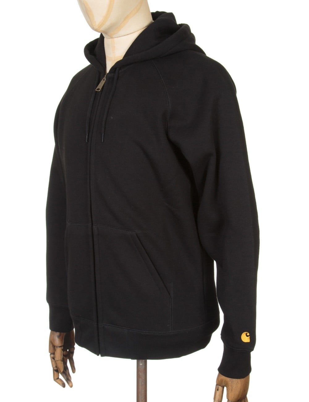 Black zip-front hooded jacket with drawstring hood and gold sleeve logo patch