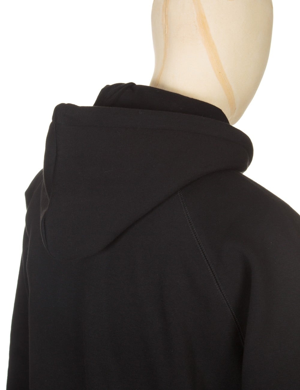 Black hooded jacket hood and upper back with stitched seam detail