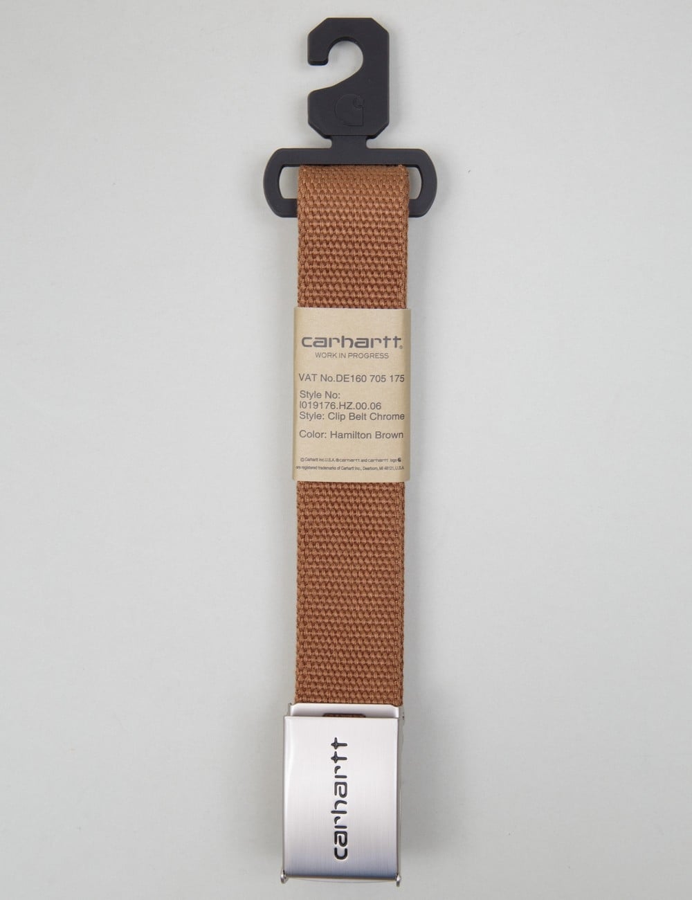 Carhartt clip belt with woven Hamilton Brown strap and chrome metal buckle tab