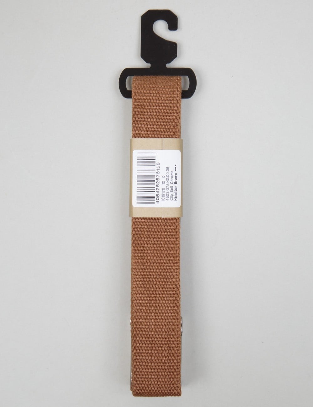 Carhartt clip belt with woven brown strap and hangtag, chrome buckle tab