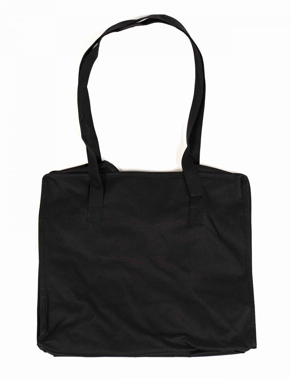 Black nylon tote bag with wide handles and open top