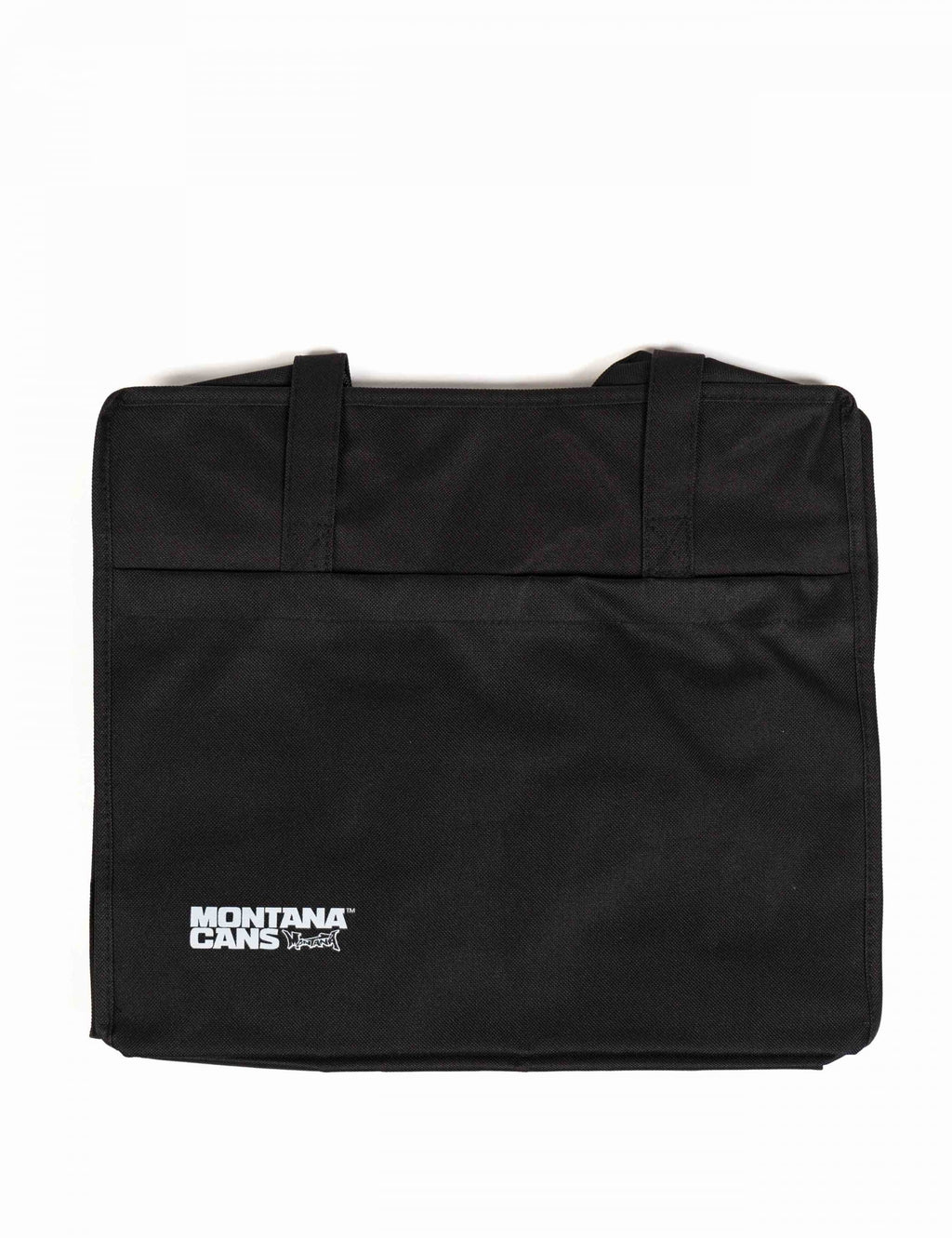 Black nylon tote bag with fold-over top and front logo patch