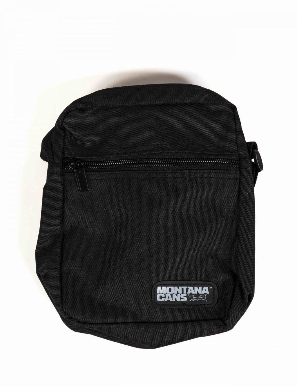 Black small crossbody bag with front zip pocket, main zip closure, Montana Cans logo