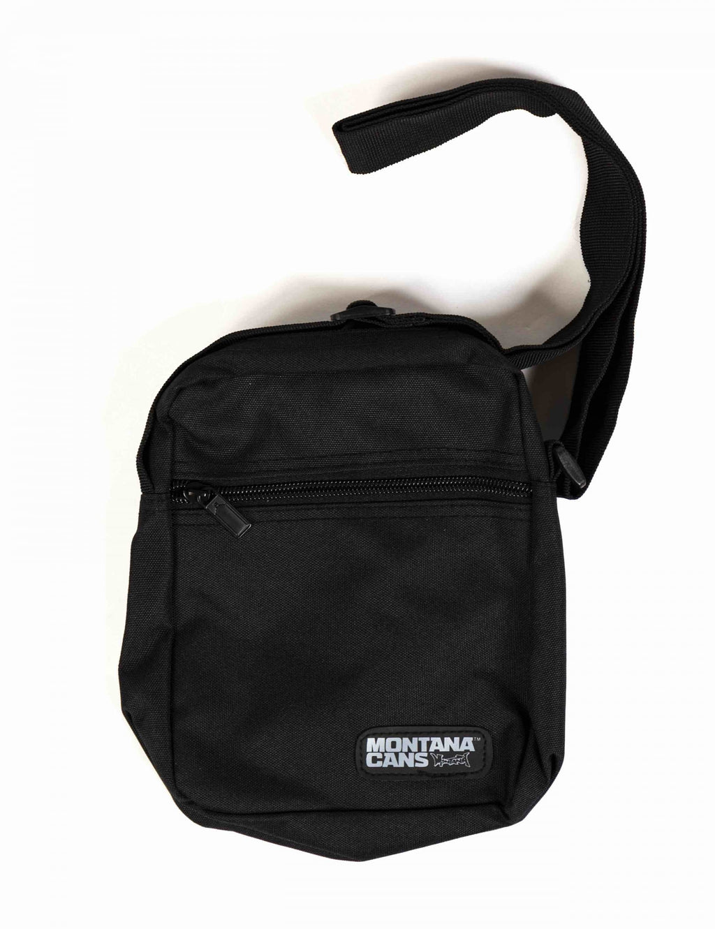 Black small crossbody bag with adjustable shoulder strap and front zipper; Montana Cans logo