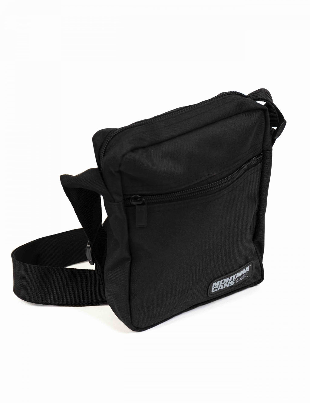 Black small crossbody bag side view with front zip pocket and Montana Cans logo patch