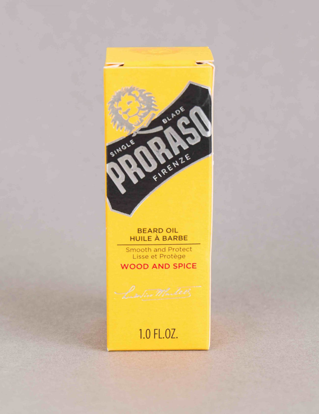 Beard oil retail box, yellow design with black PRORASO logo, Wood and Spice