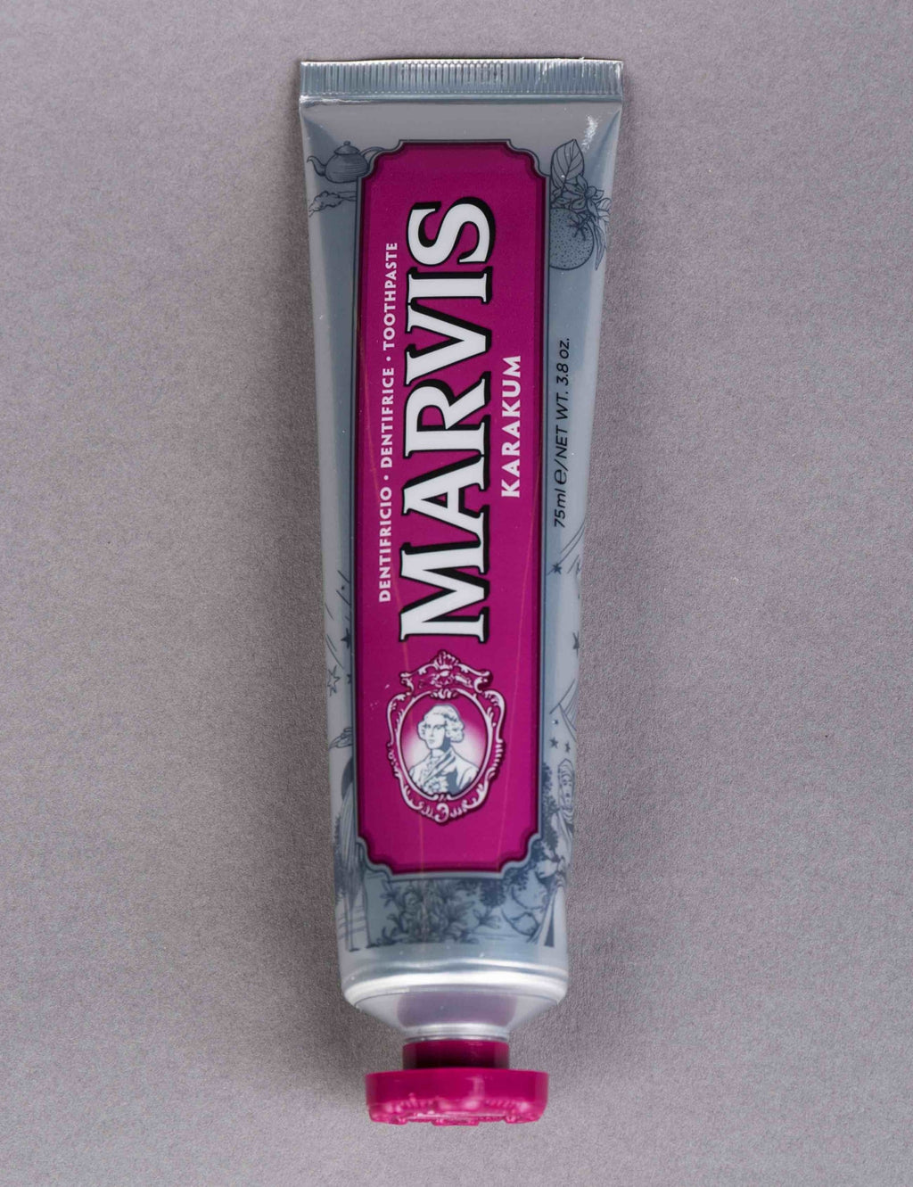 Marvis Karakum toothpaste tube, front view with purple flip-top cap