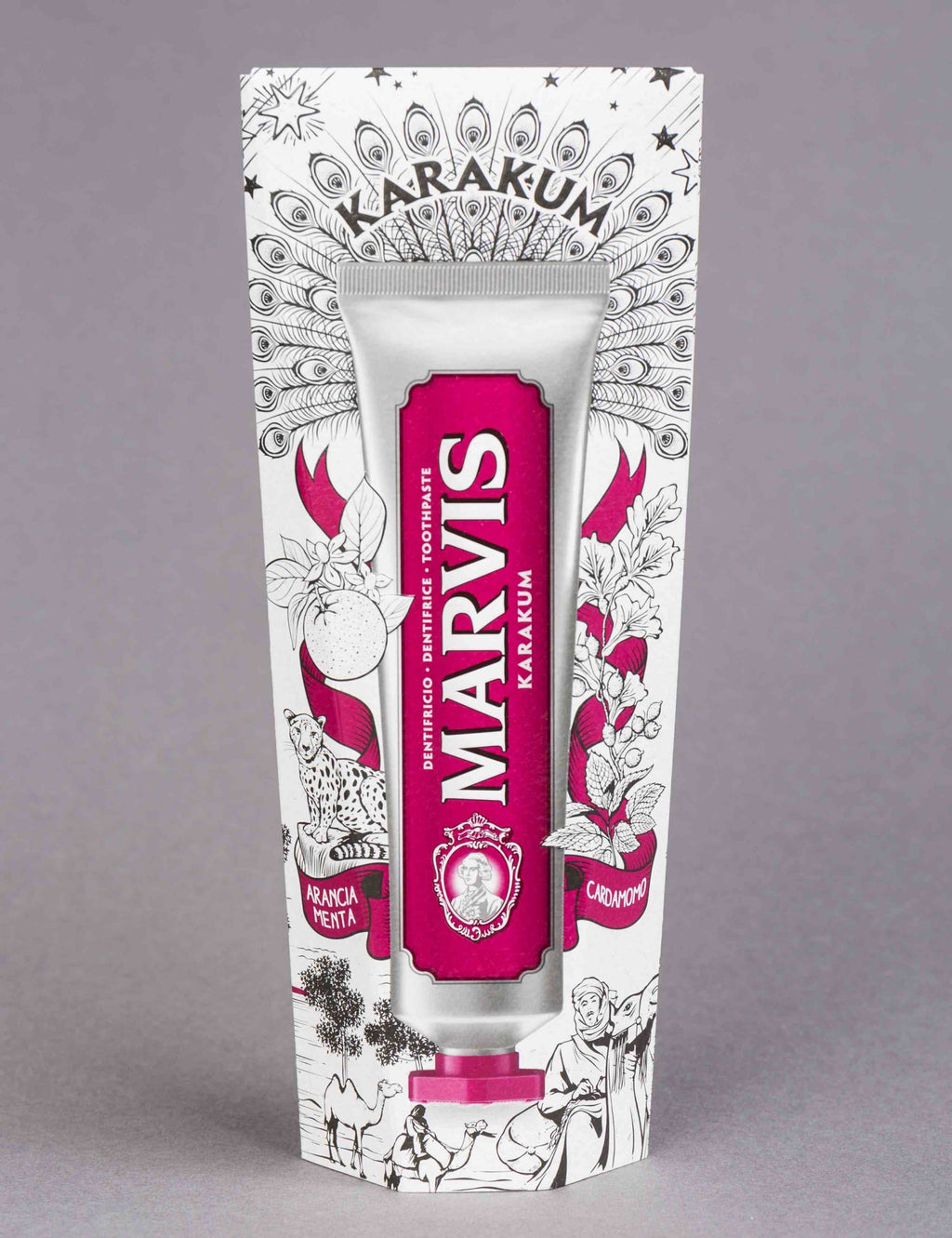 Marvis Karakum toothpaste in white illustrated retail box with purple tube