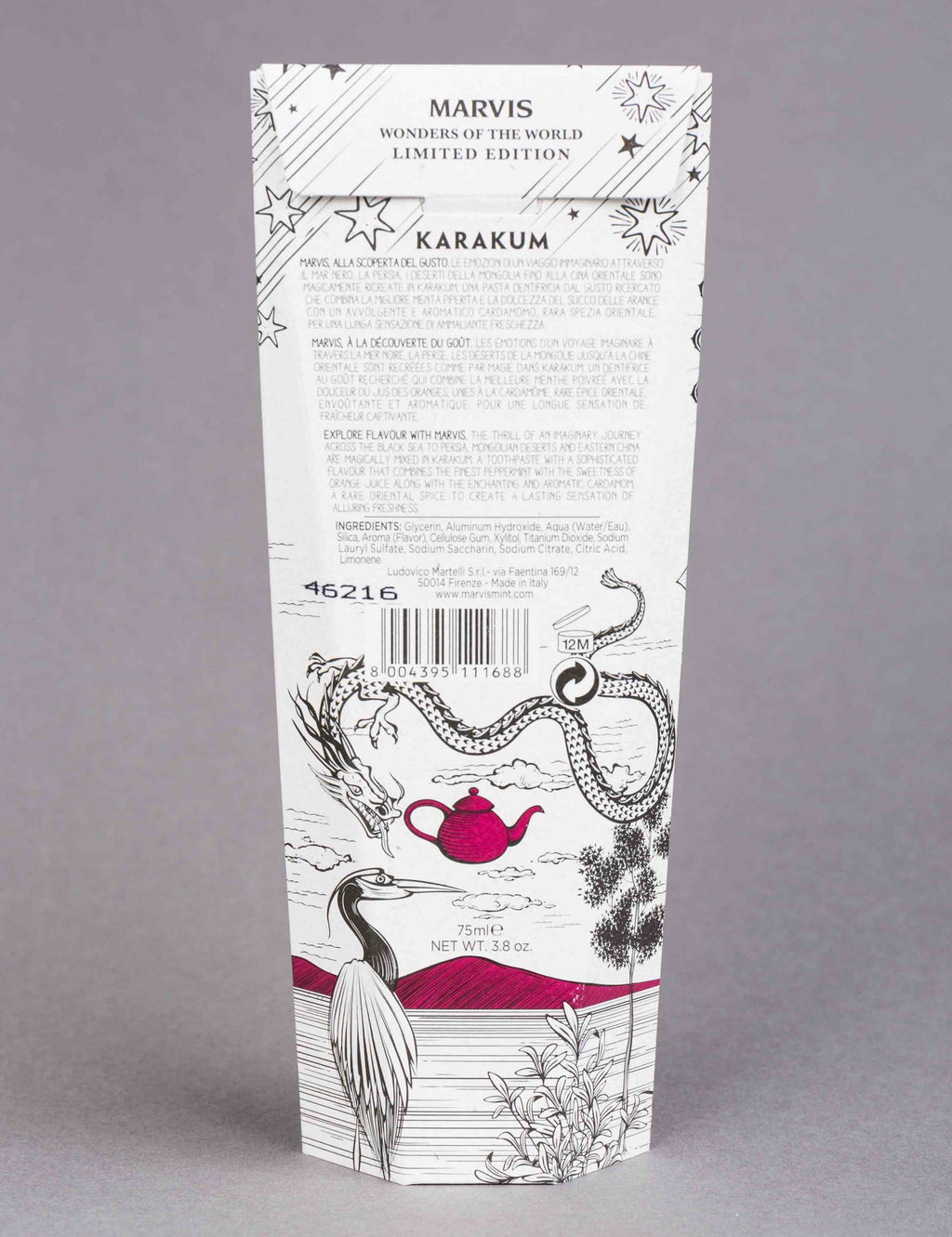 Marvis Karakum toothpaste carton with text panel and snake illustration