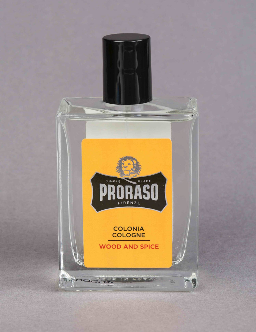 Proraso wood and spice eau de cologne bottle with black cap
