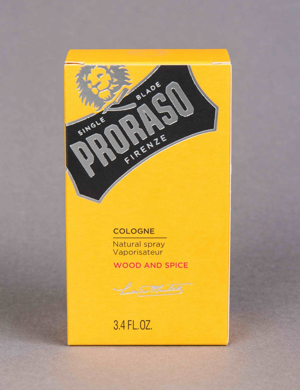 Proraso wood and spice cologne box with label and 3.4 fl oz